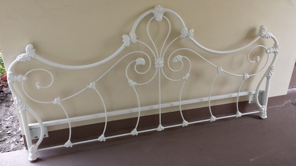 Antique heavy duty painted white wrought iron queen king headboard