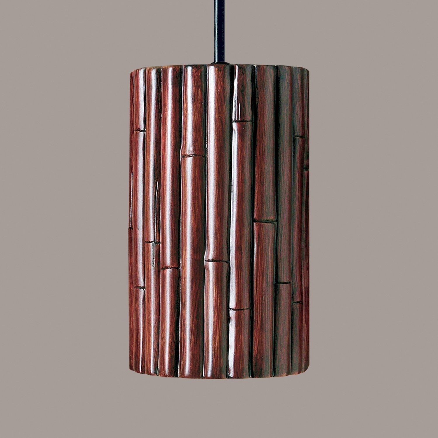 Bamboo pendant 1 light fixture shown in cinnamon by a19
