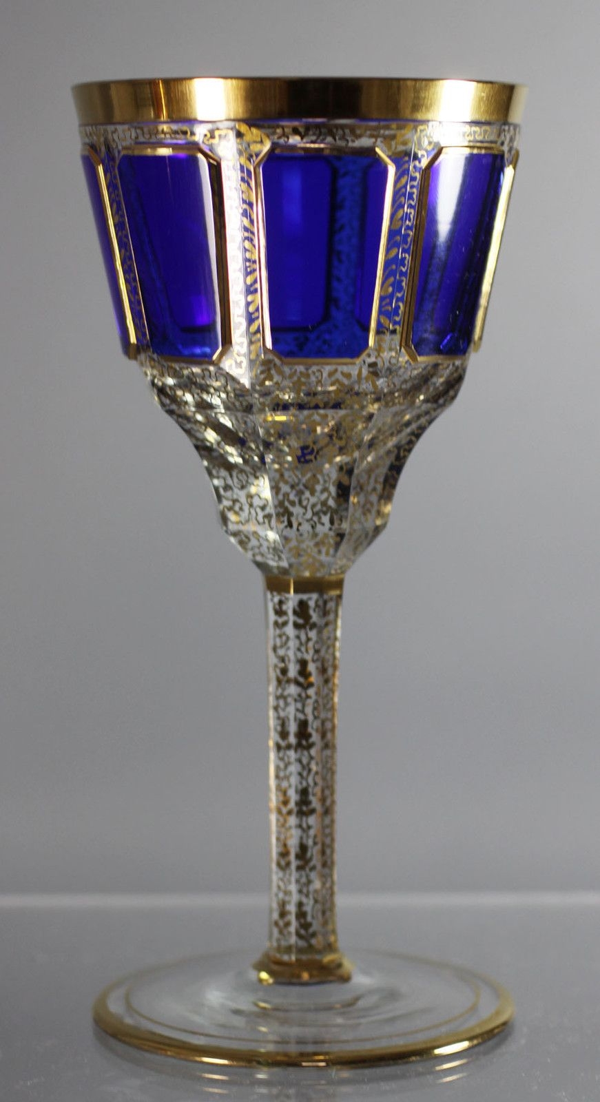 Antiques moser hand blown gilded sapphire blue wine glass 1