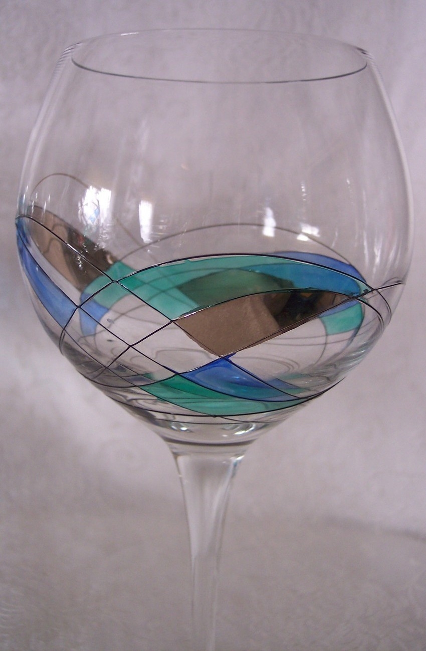 Blown crystal wine glasses hand painted stained art glass romania