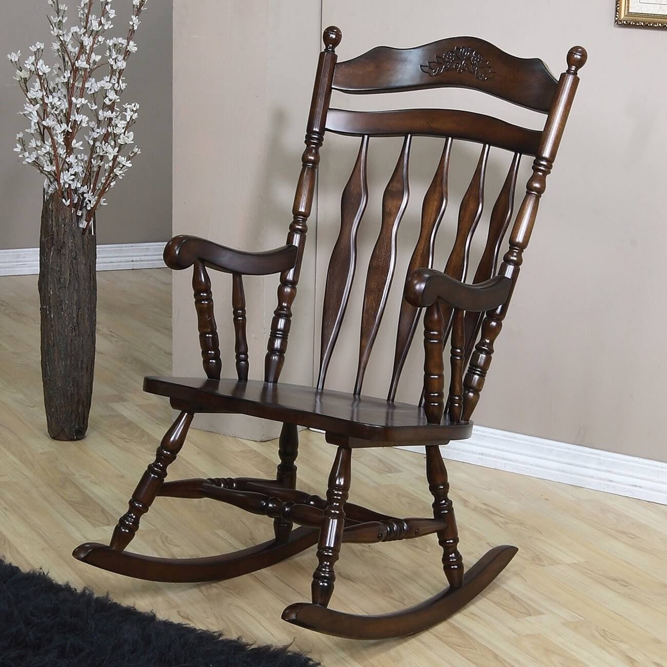 Best cheap coaster rocking chair with carved detail in walnut