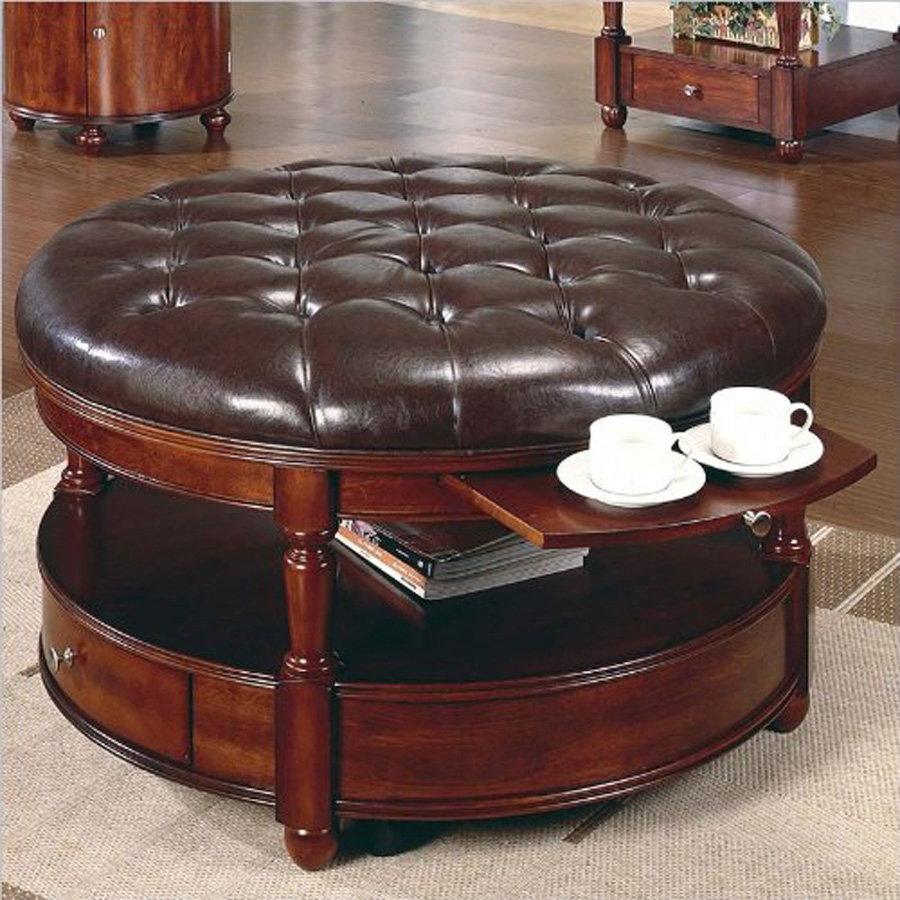 Classic round ottoman coffee table idea with espresso tufted leather