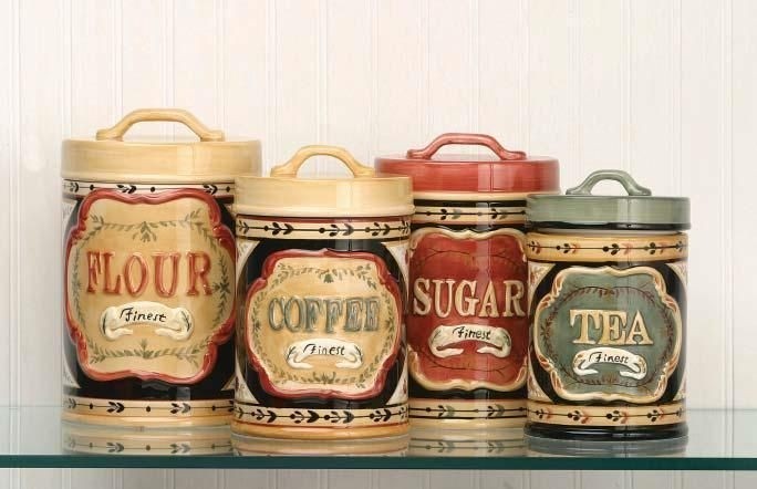 Country store kitchen canister set flour sugar coffee tea ceramic