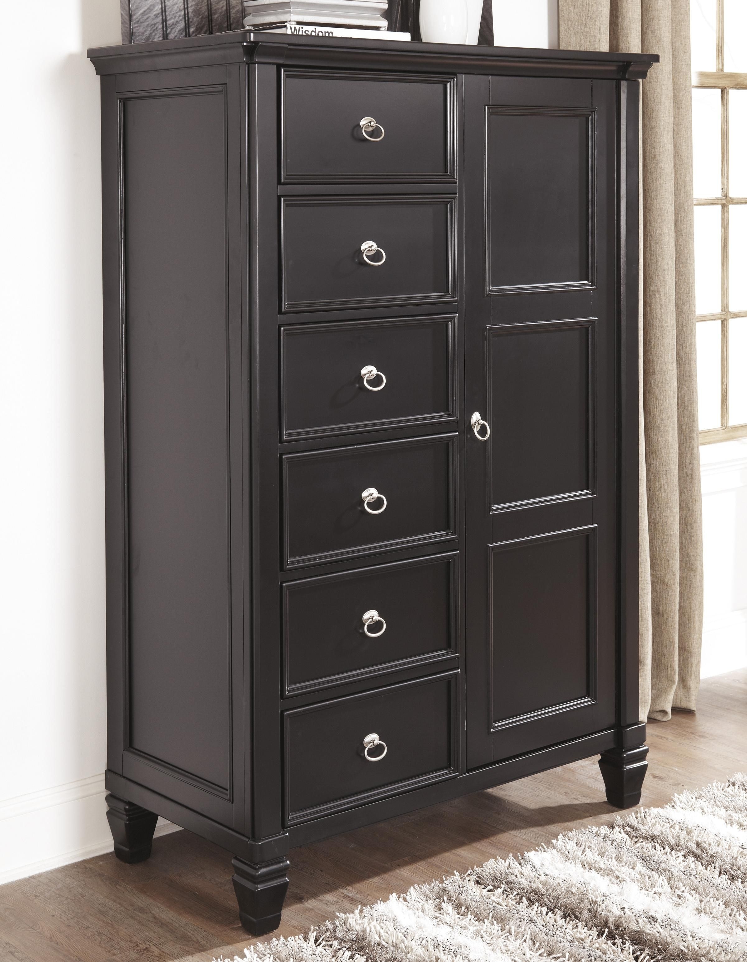Greensburg transitional door chest with shelves and interior drawers
