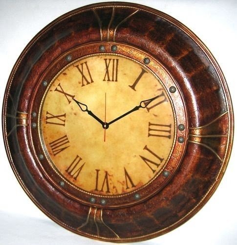 Large 34 round wooden wall clock antique leather look