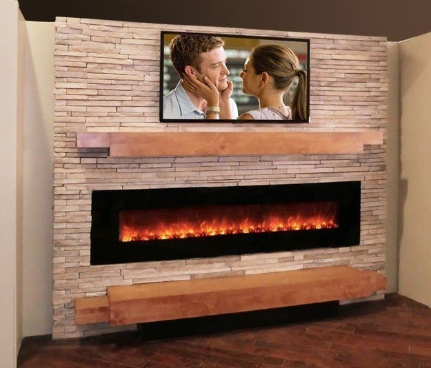 Modern stone fireplace media wall