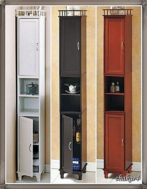 Tall narrow wooden bathroom small room storage cabinet in three