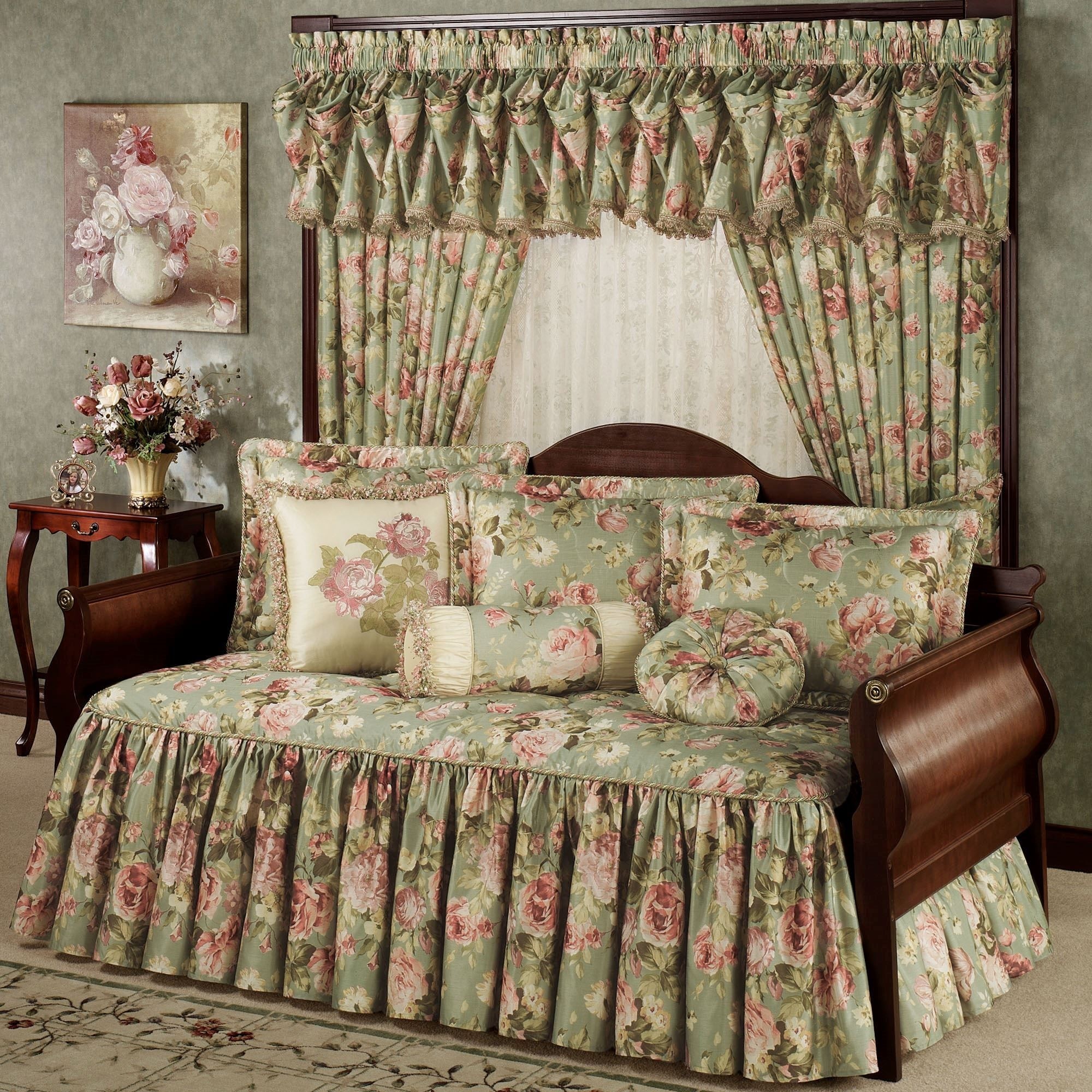 Daybed bedding set includes a floral daybed cover and three