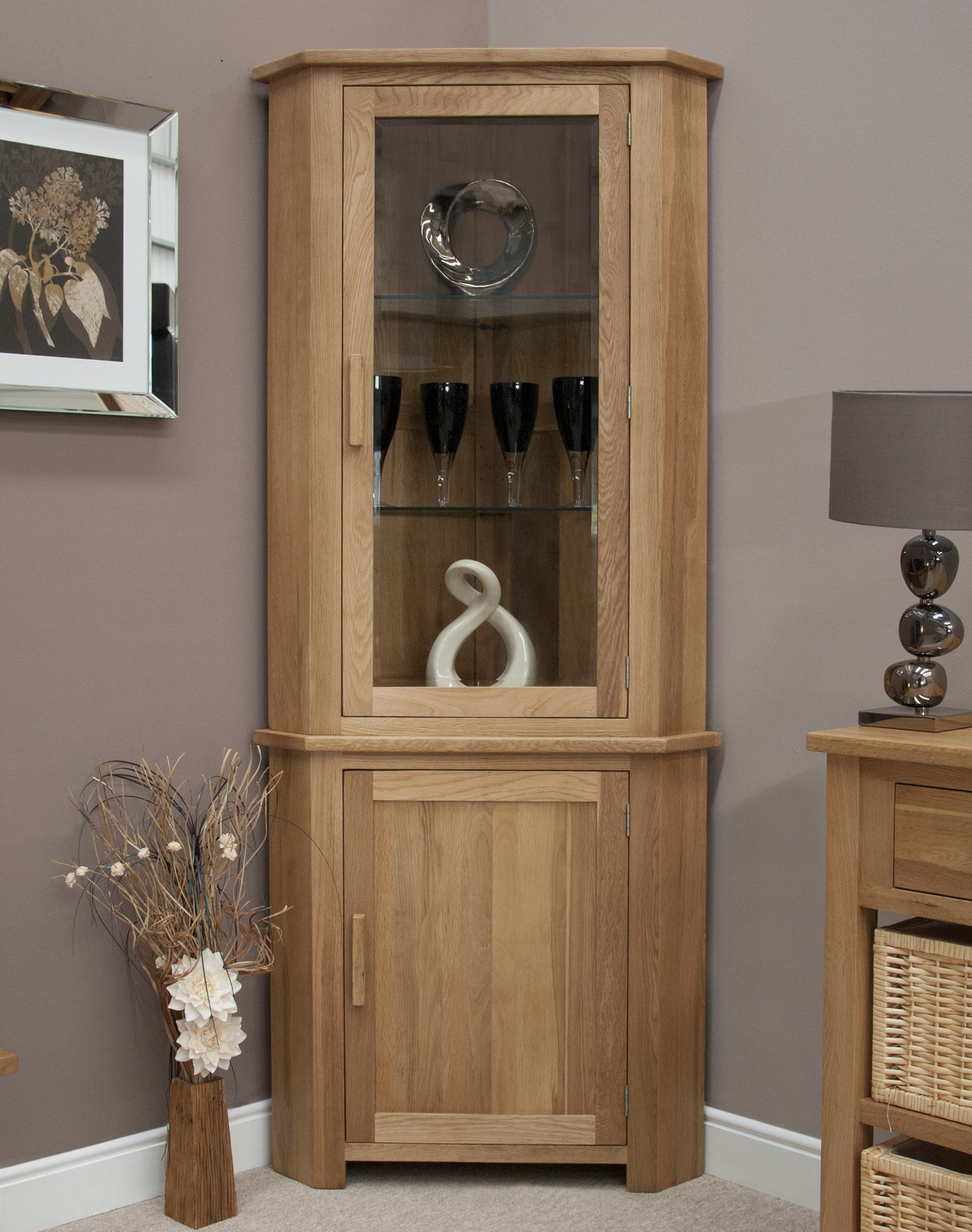 Eton Solid Oak Living Room Furniture Corner Display Cabinet Unit With 