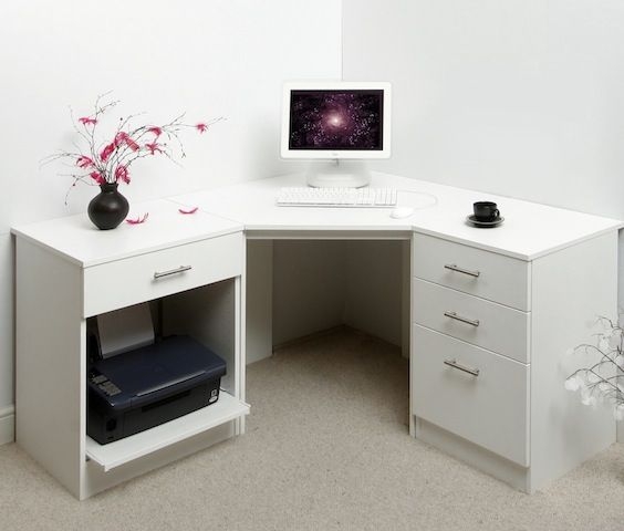 Germanica Corner Home Office Computer Desk Finished in White Includes 8 Storage Spaces 