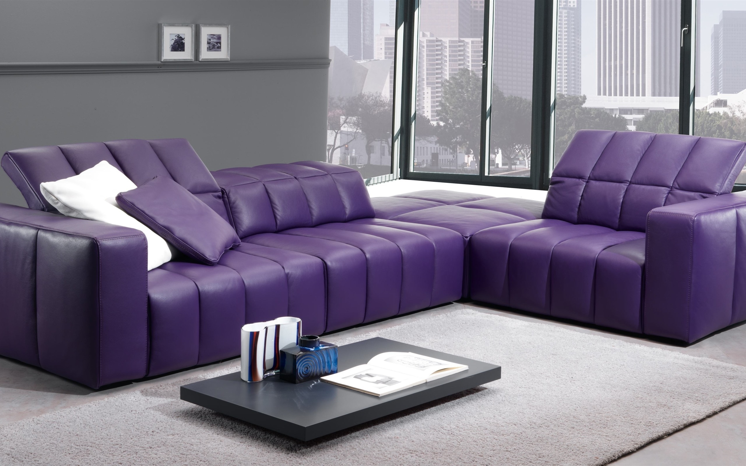 Purple leather sectional with gray 1