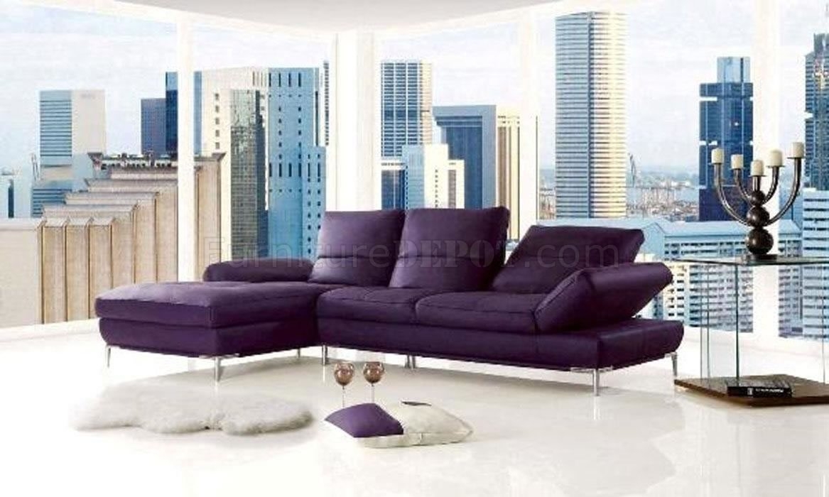 Purple top grain leather modern sectional sofa w adjustable back