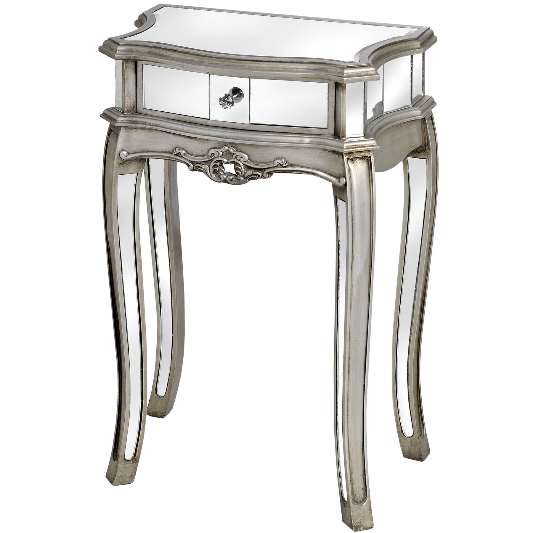 Antiqued silver mirrored bedside table