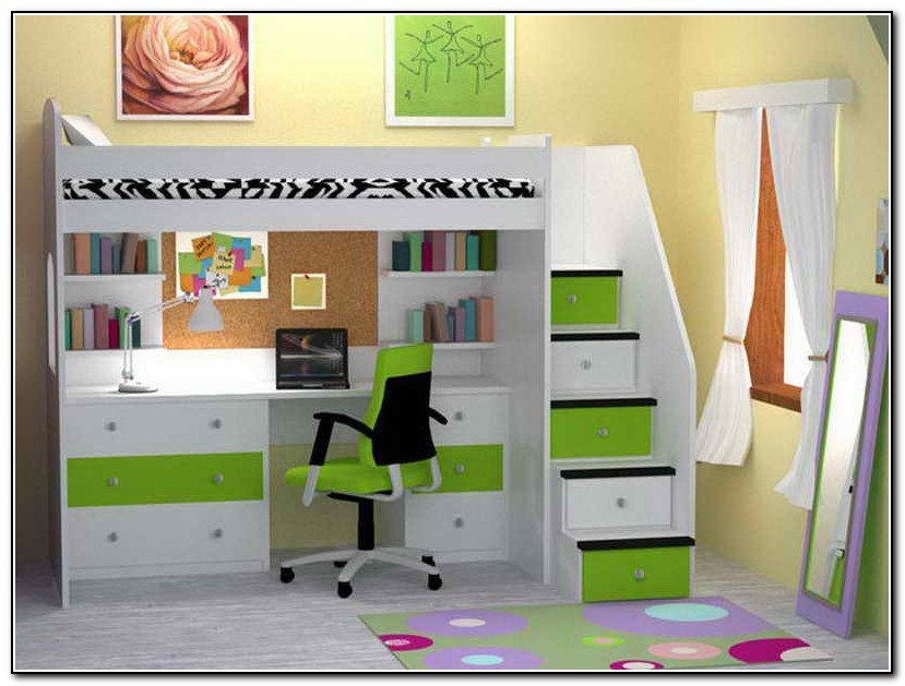 child's bed with desk underneath