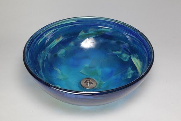 Blue water glass vessel sink