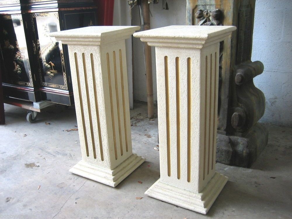 Pair Wood But Texture Like Cement Pedestal Column Plant Figure Figurine Stand
