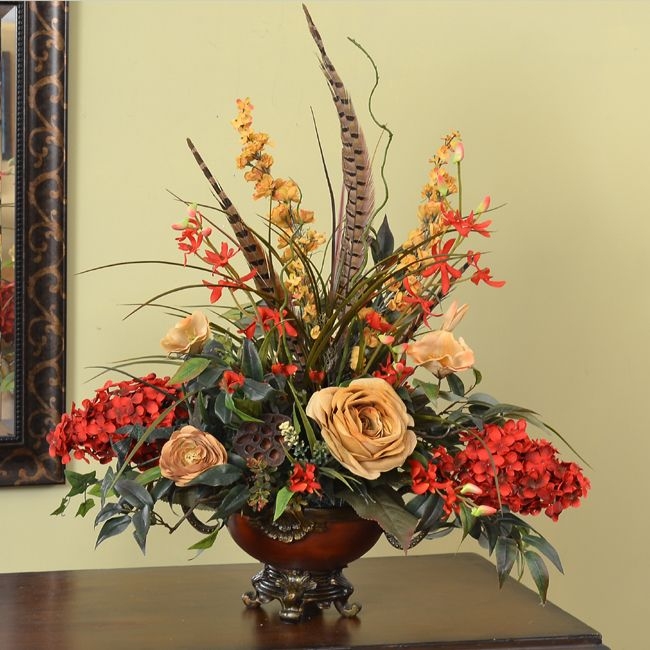 Silk flower arrangment elegant red and gold centerpiece ar307