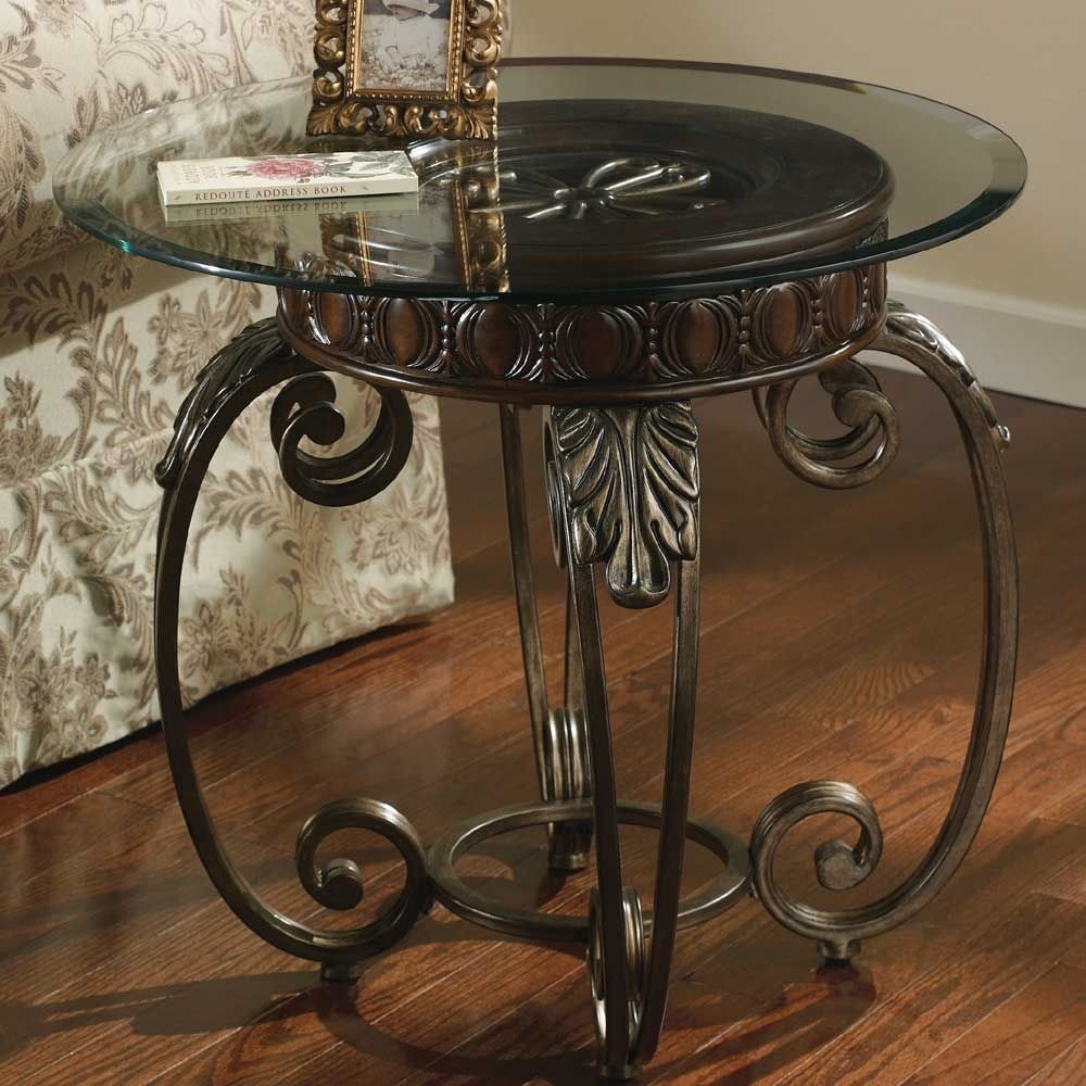 Tullio metal round end table with glass top by signature