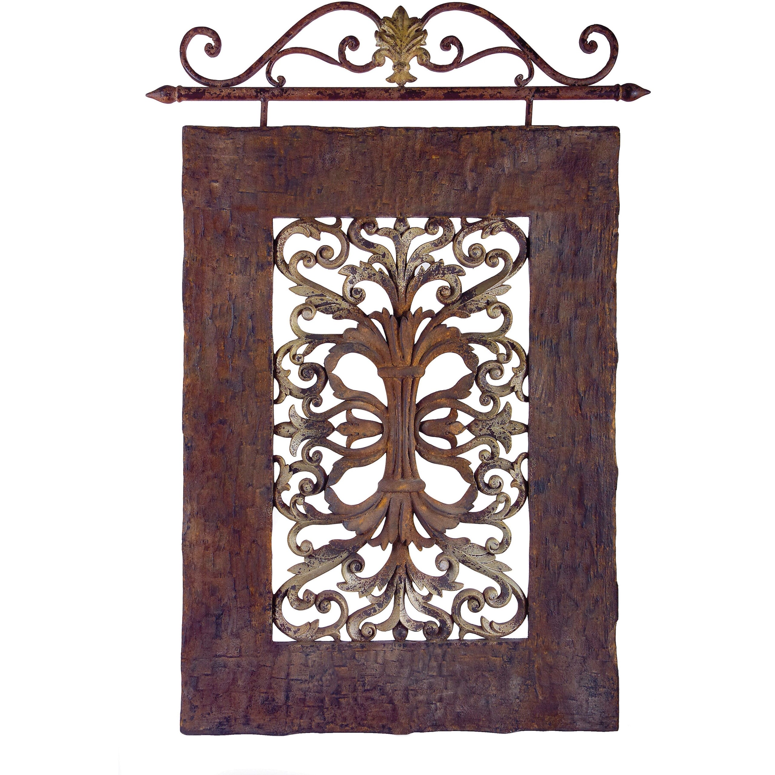 Tuscan brown intricate scroll iron city gate hanging panel wall