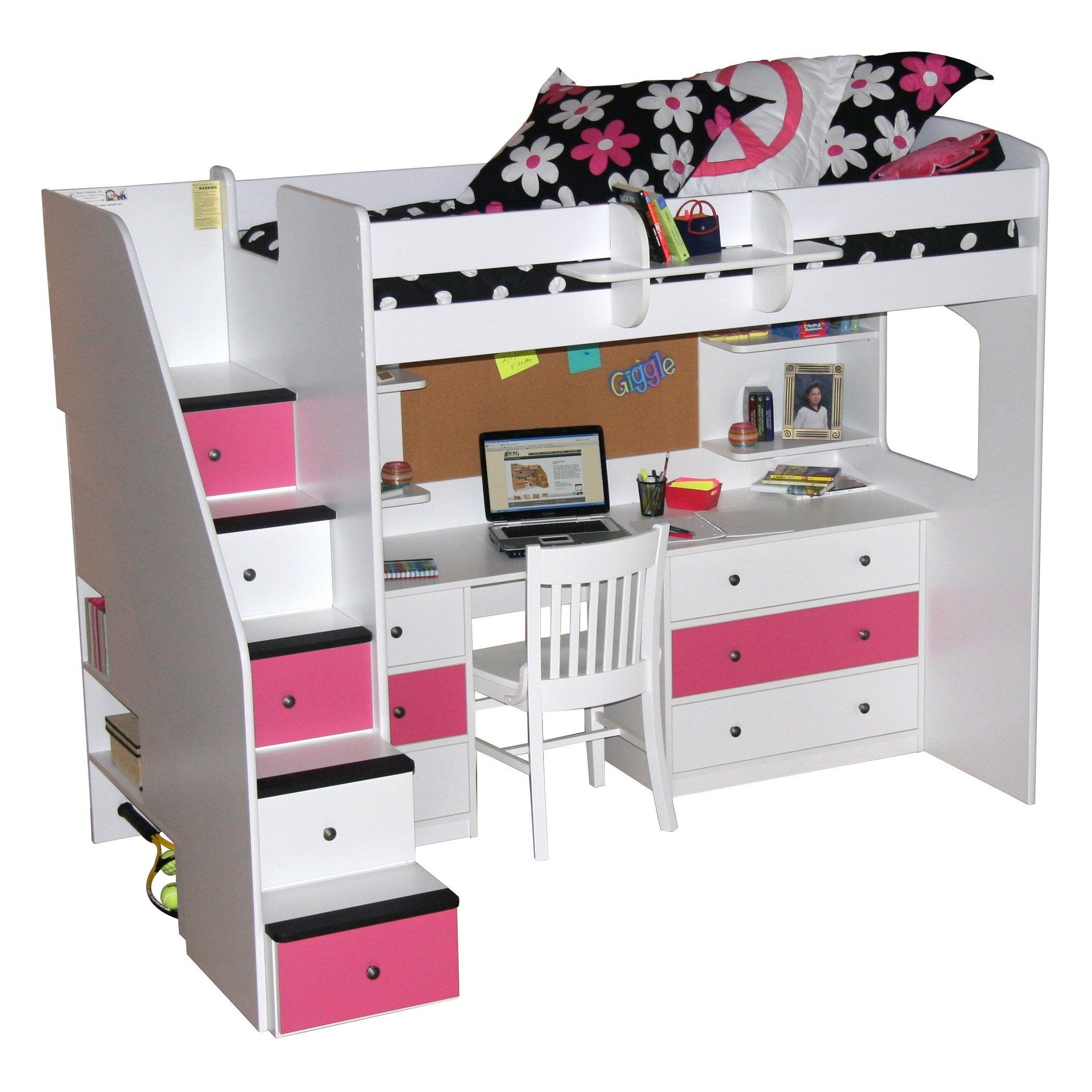 White loft bed with desk and stairs