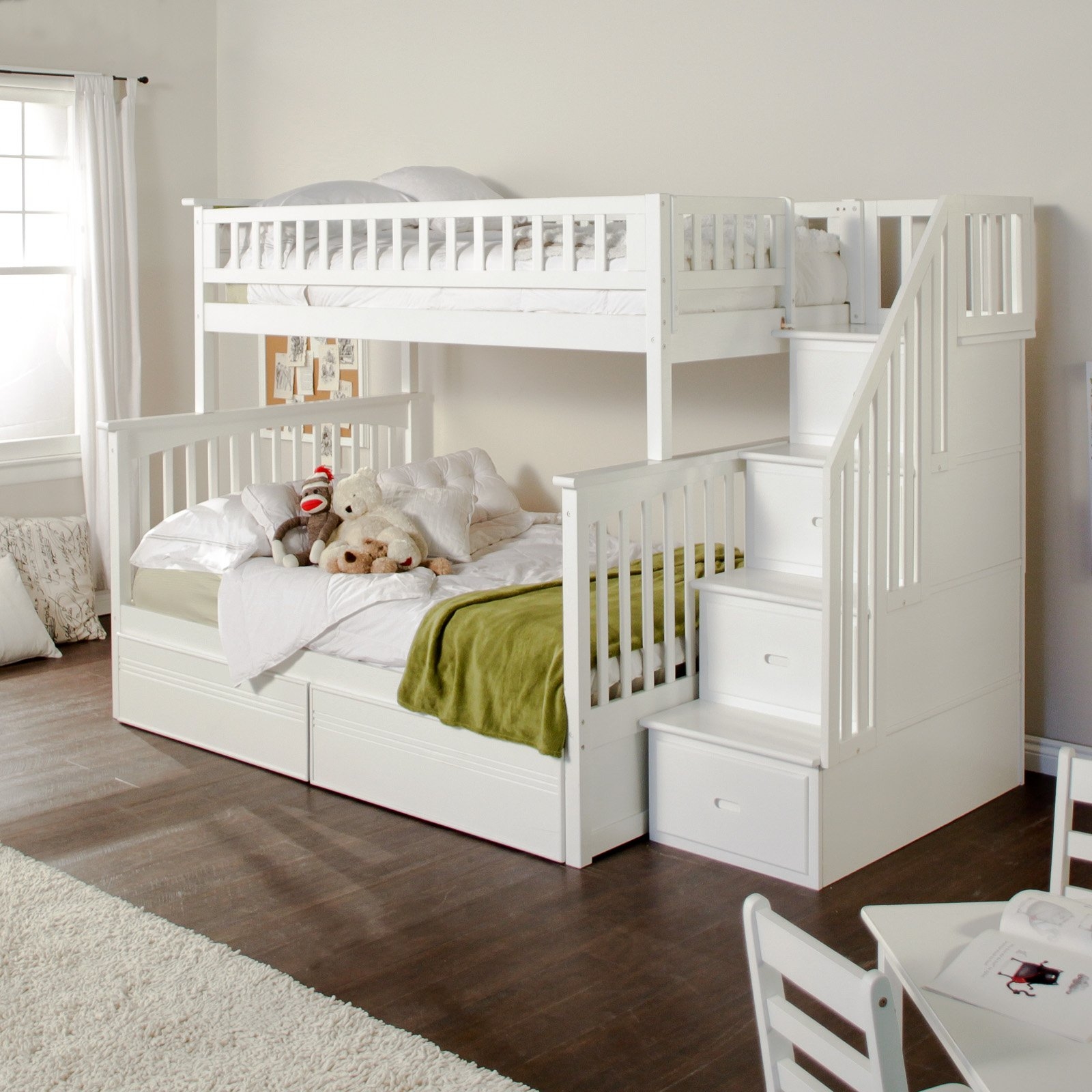 Construction bunk beds with underbed and under stairs storage drawers