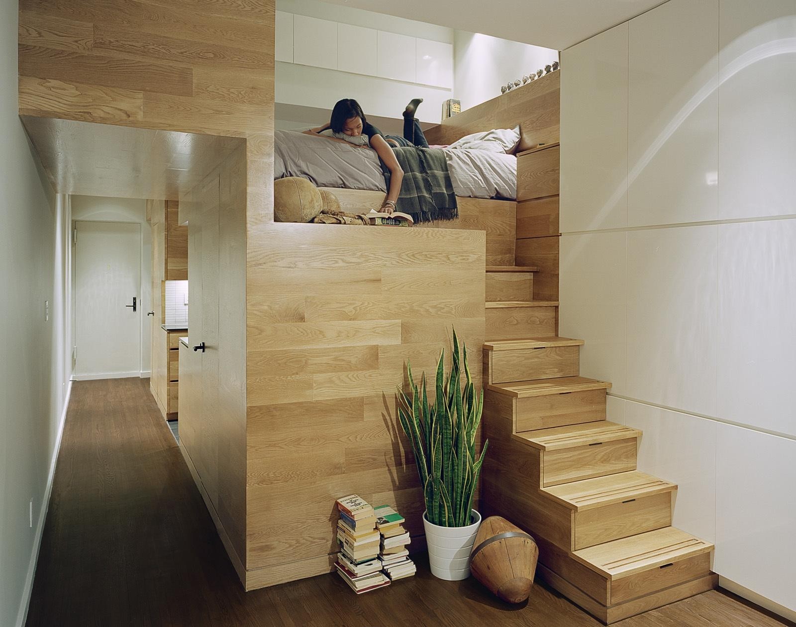 Loft bed with creative multifunction staircase and minimalist bookcase
