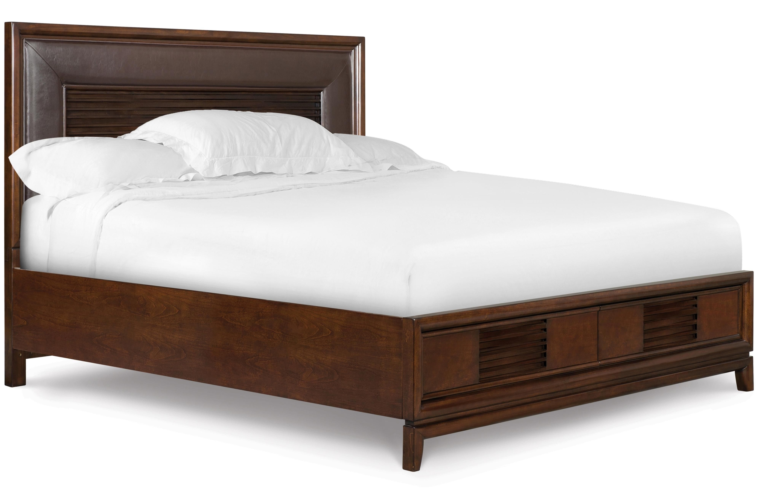 Natural wooden king size island bed with faux leather headboard