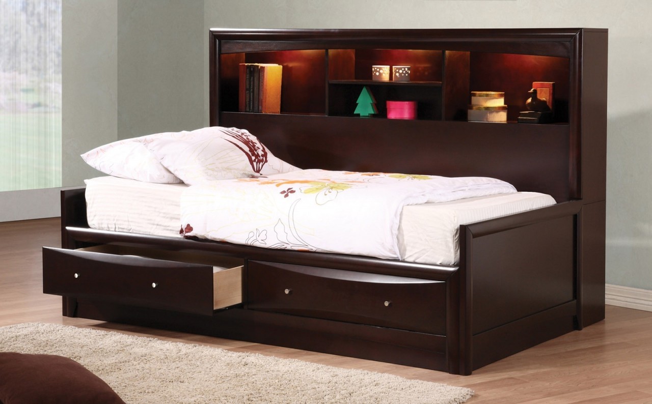 Phoenix full daybed with bookcase storage drawers