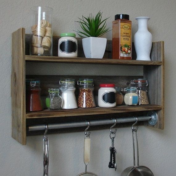 Rustic reclaimed wood wall shelf spice rack with towel bar
