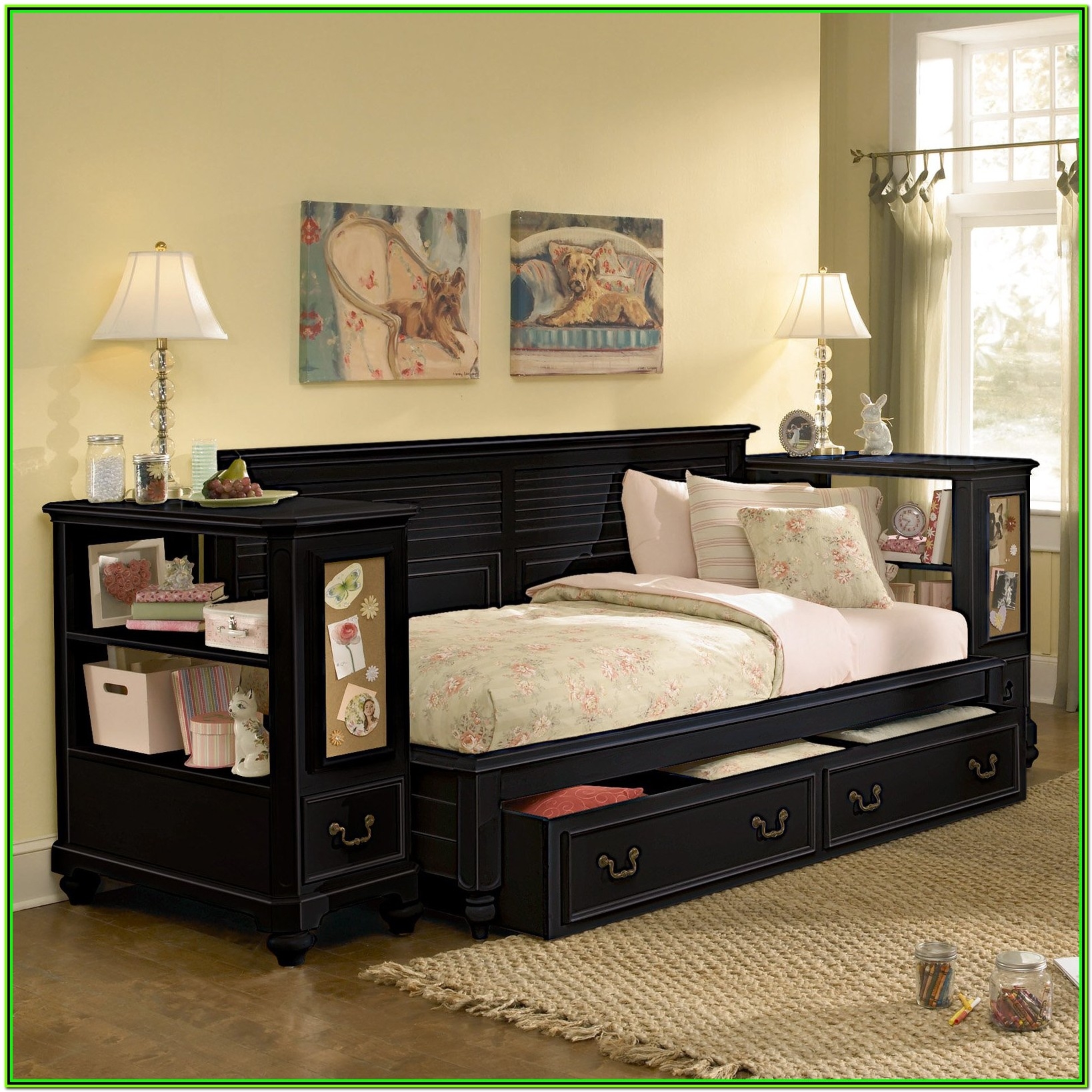 Black full size bed with outlet trundle