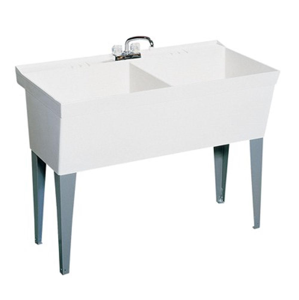Floorstanding double laundry sink with angular stainless steel legs
