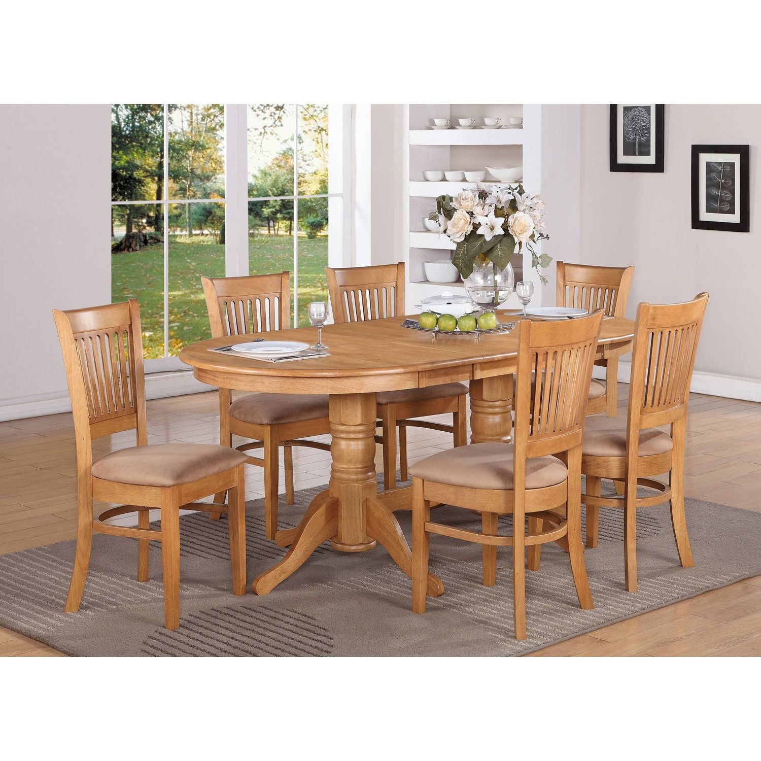 Oval Dinette Kitchen Dining Set Table W 6 Upholstery Chairs In Oak 