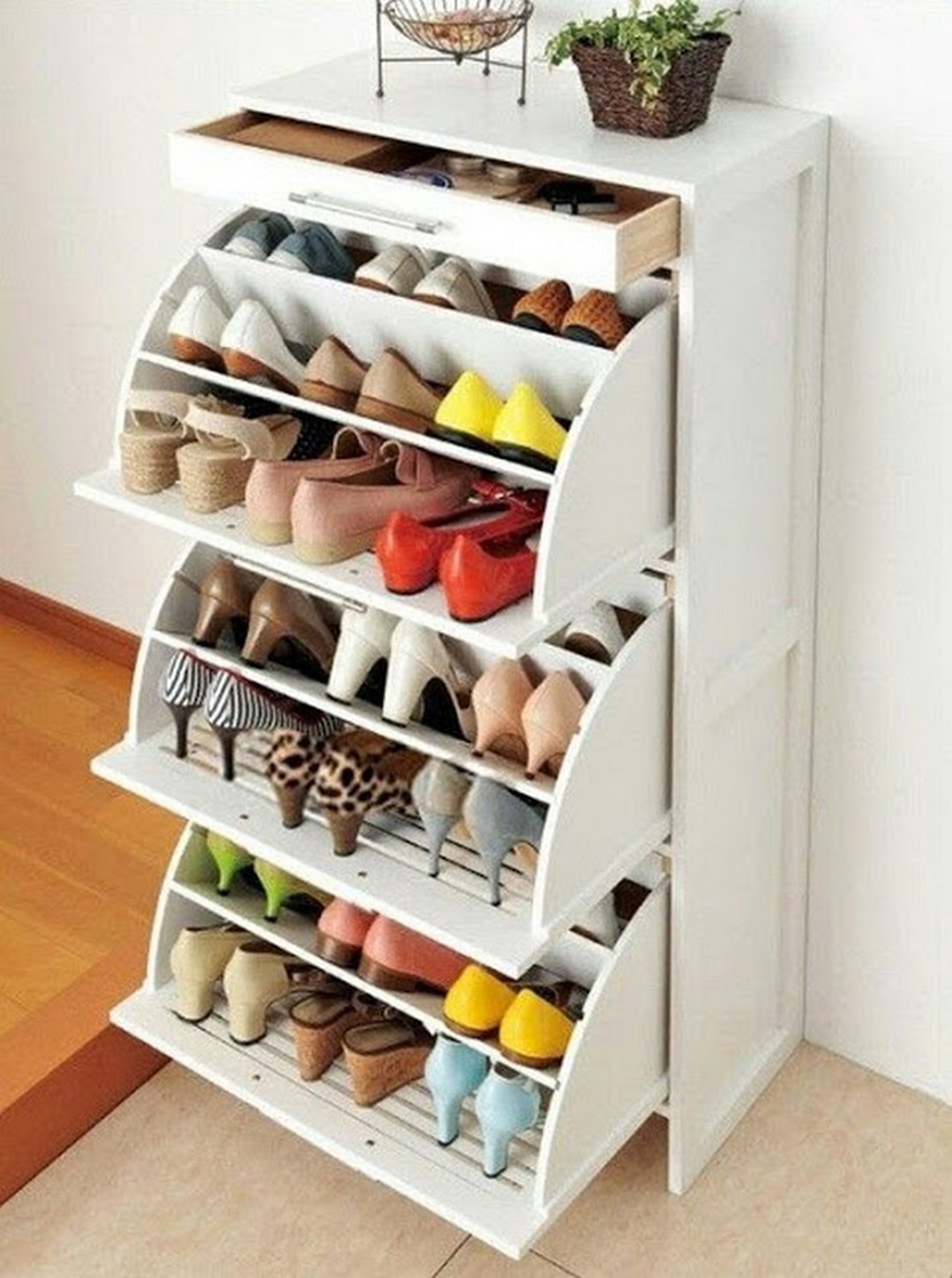 White Shoe Cupboard Storage 3 Tier Pull Down Door Cabinet Shoe Tidy Rack Wooden