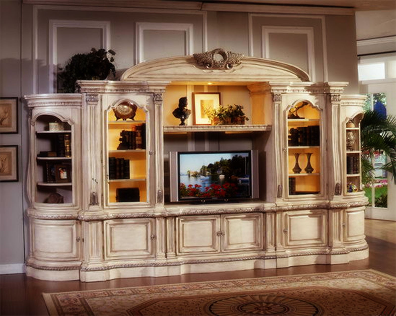 Traditional white large tv wall unit entertainment center w storage