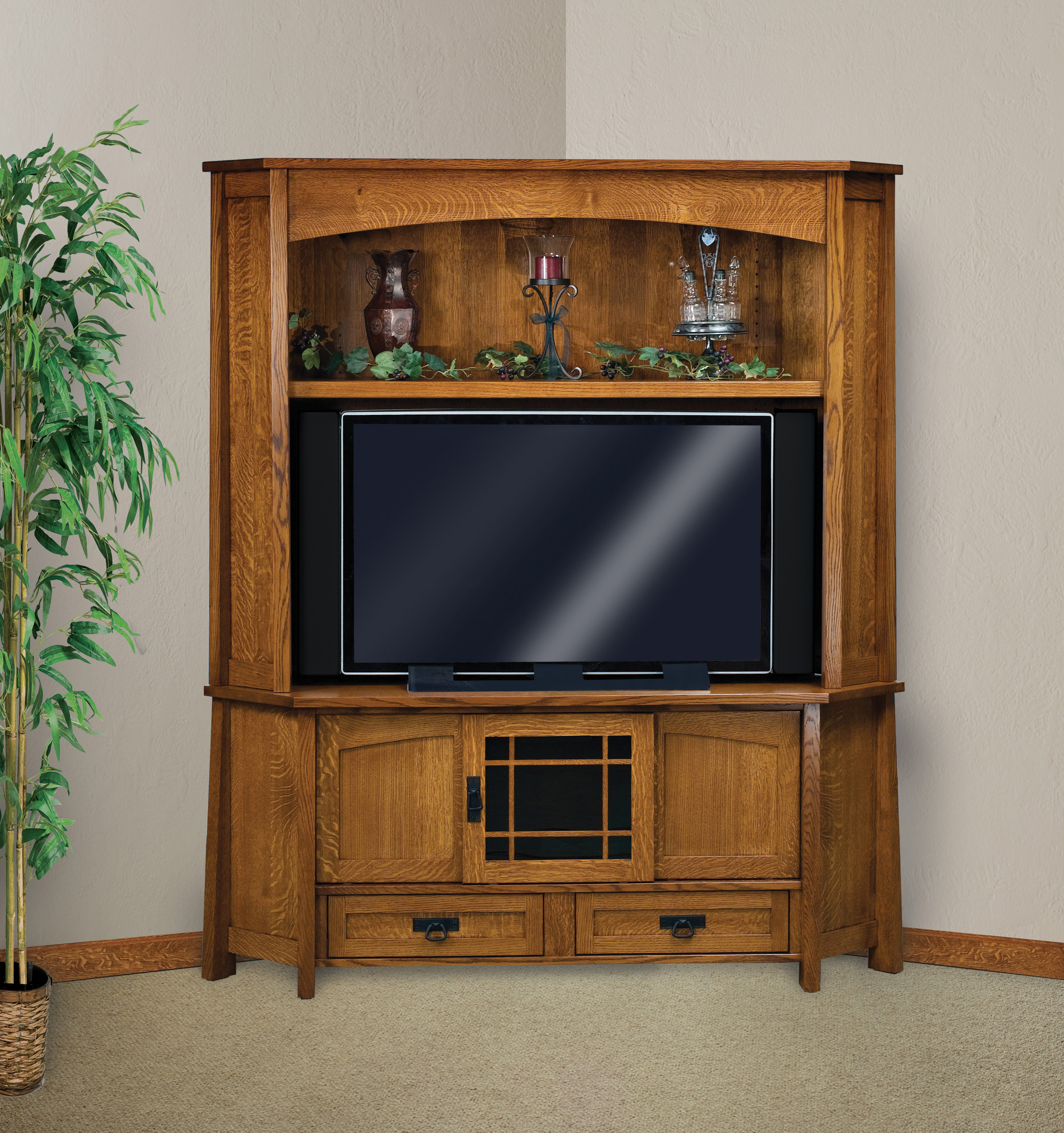 Amish corner entertainment center solid oak wood media hutch cabinet