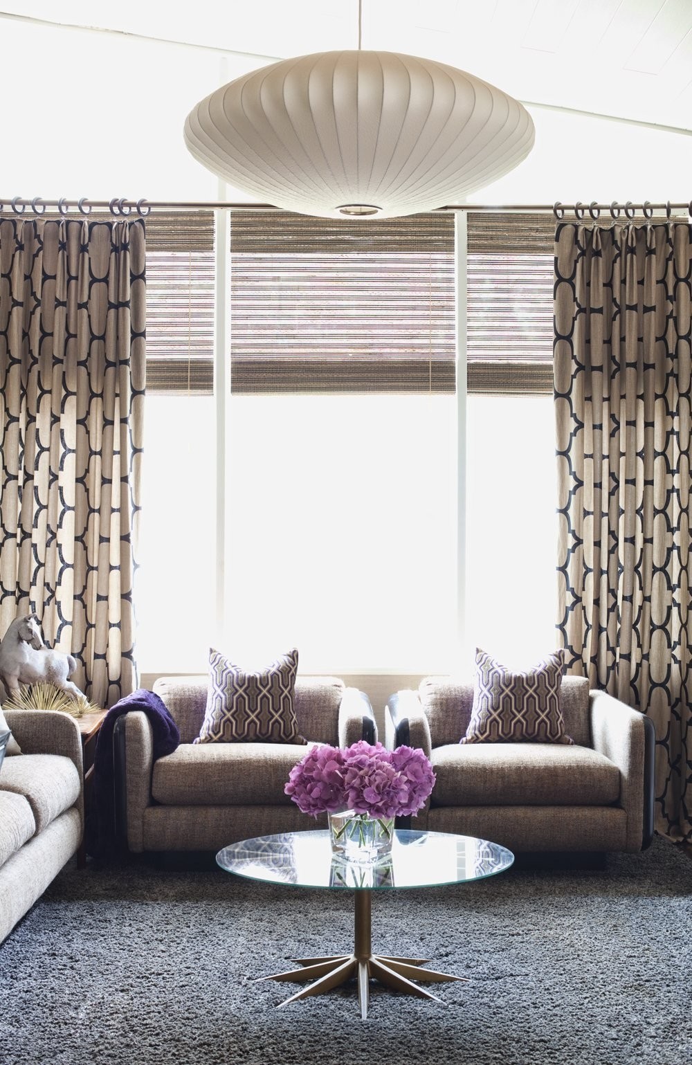 Large living room window treatment ideas with unique motives curtain