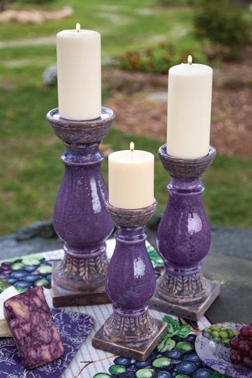 Purple ceramic pillar candle holder set of 3