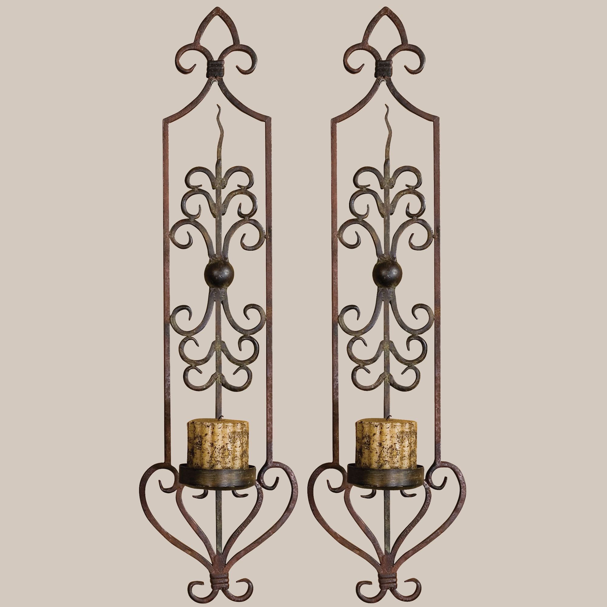 Tuscan wrought iron metal wall candle holder sconce set