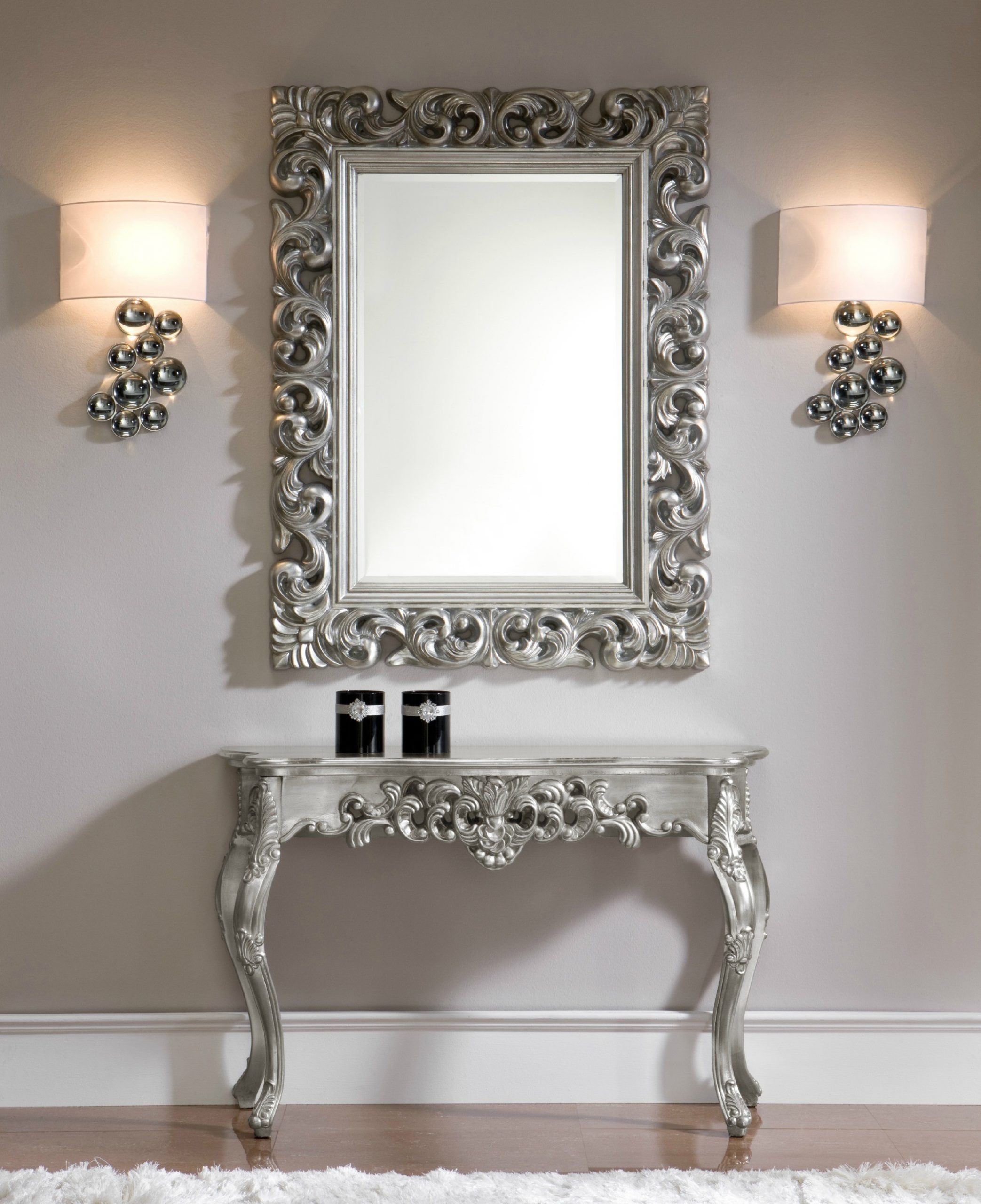 And mirror set in silver traditional side tables and end