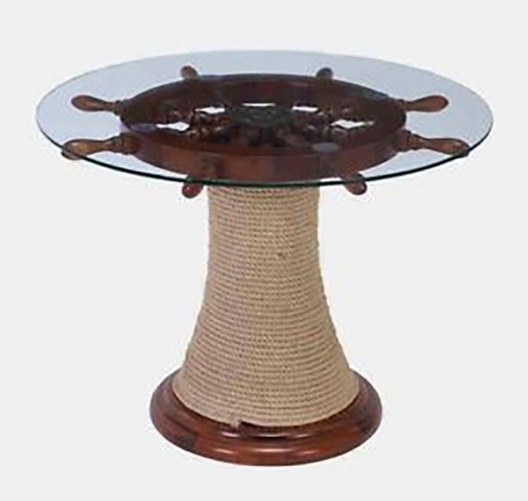 Nagina International Nautical Authentic Wood Crafted Coffee Table with  Thick Clear Glass Top | Maritime Ship Wheel Tables with Rope Pillar (36  Inches)