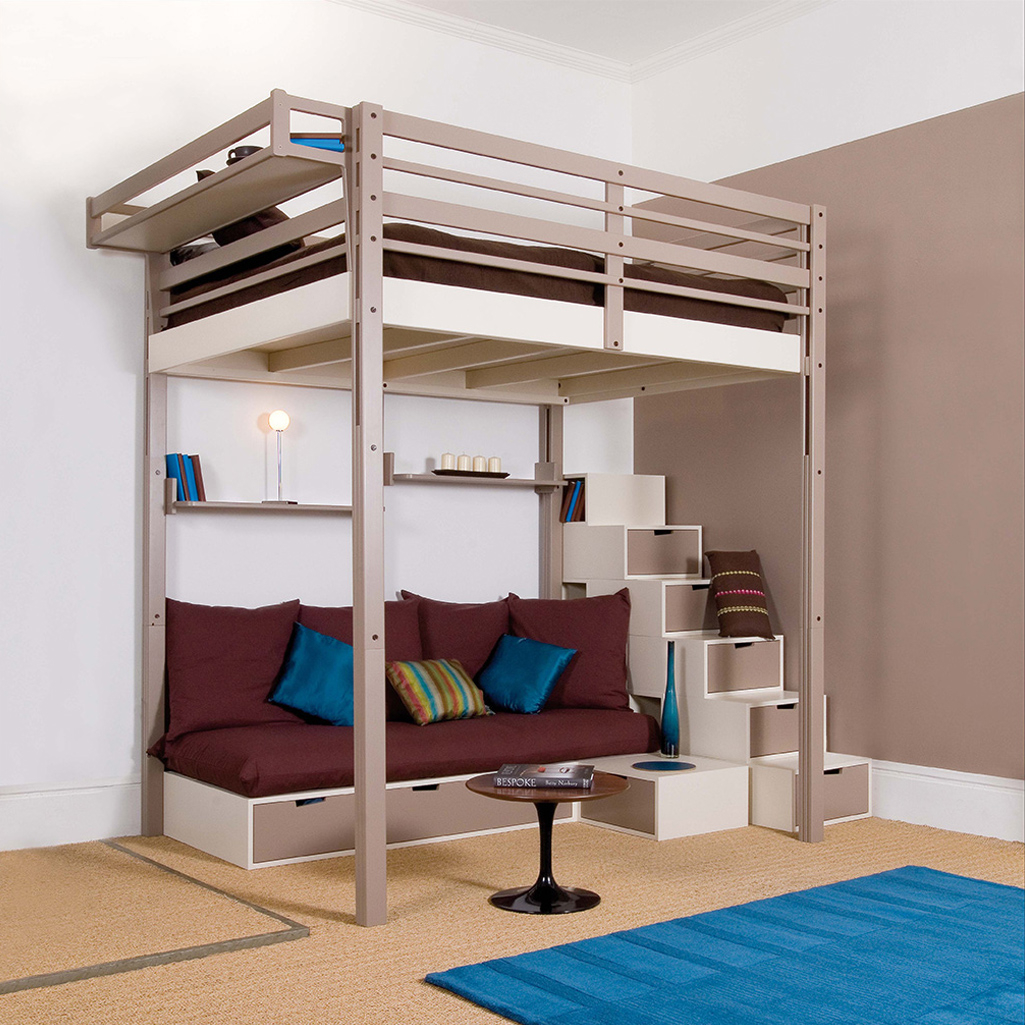 Loft bed inspiration design with sofa bed and storages container