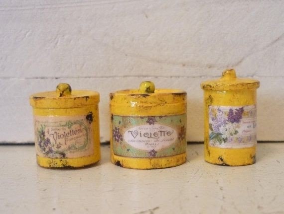 Shabby chic yellow canister set dollhouse mini