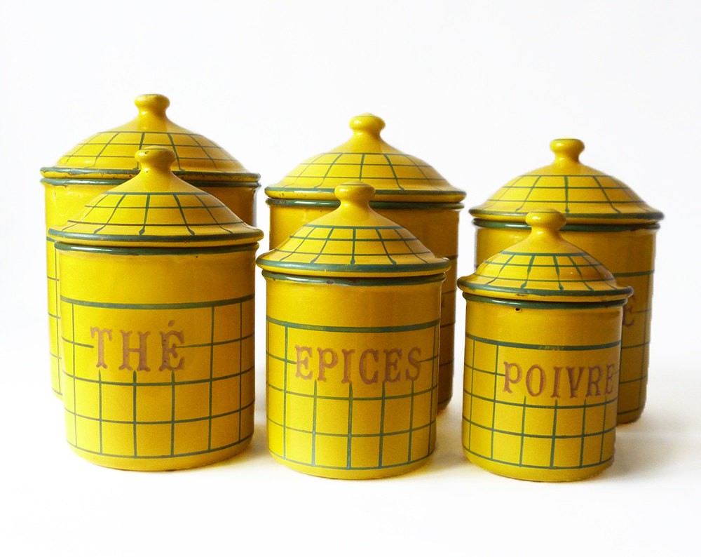 Superb set of 6 french enamel yellow canisters