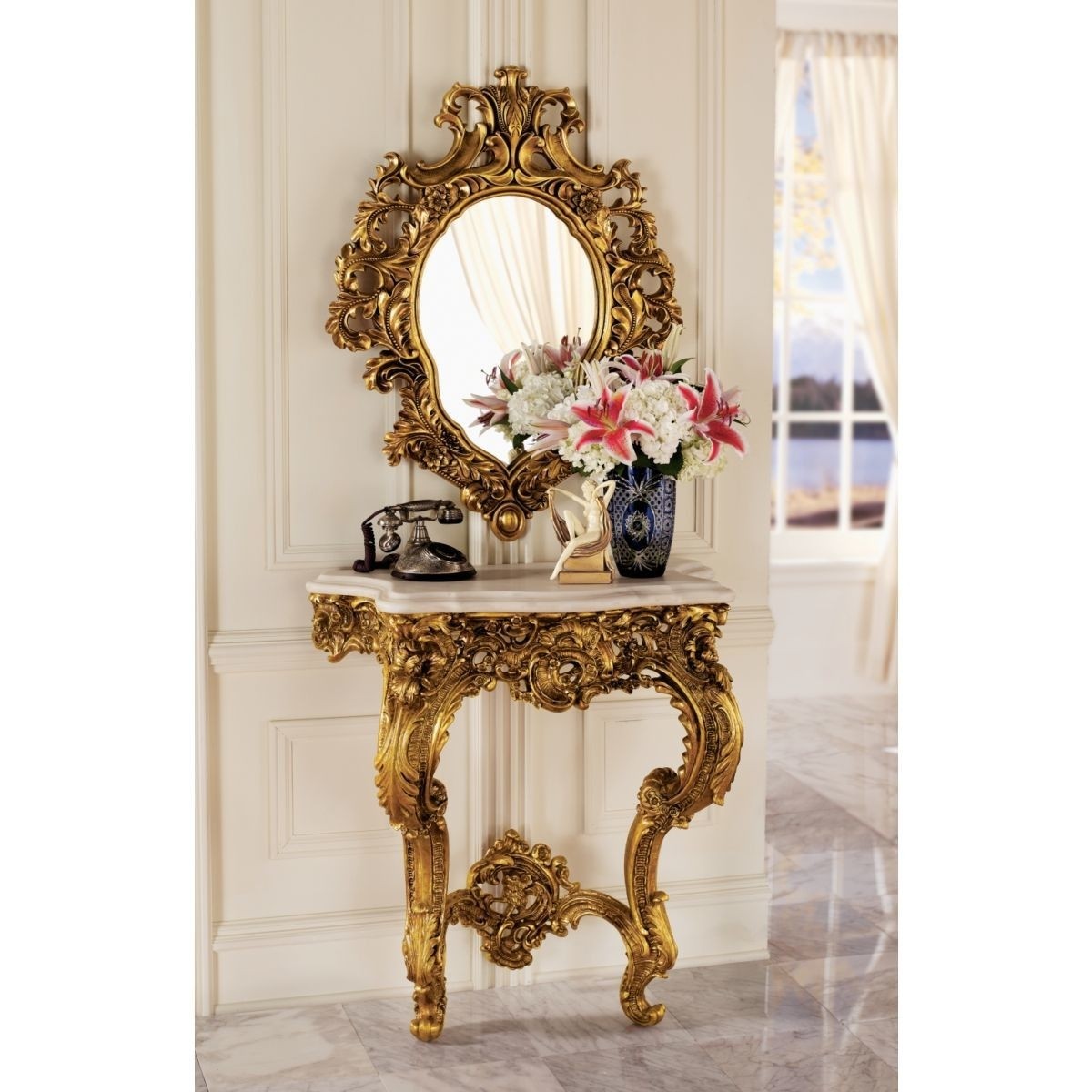 Gold Metallic Peacock Mirror with Gray Console Table - Contemporary -  Entrance/foyer