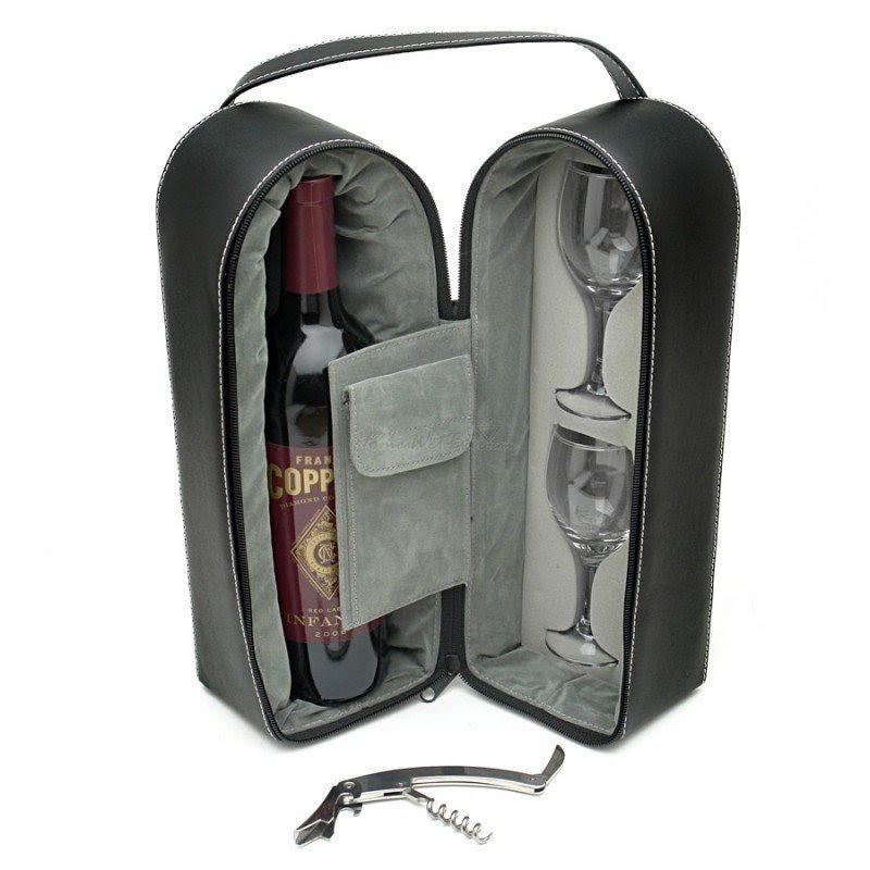 Black italian leather wine tote for two 4 piece set