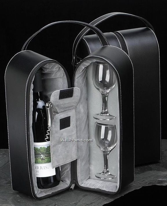 Black leather wine carrier caddy bag