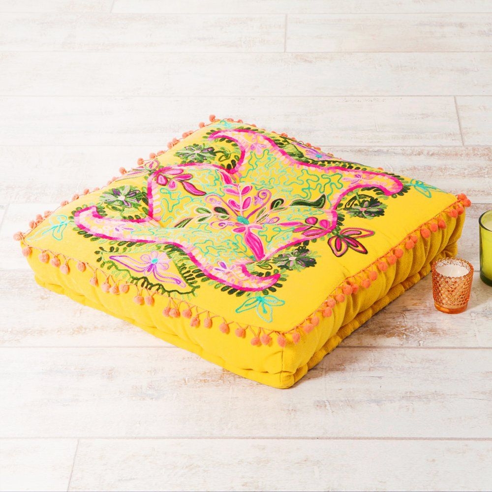 Cushions embroidered suzani square floor cushion yellow 1