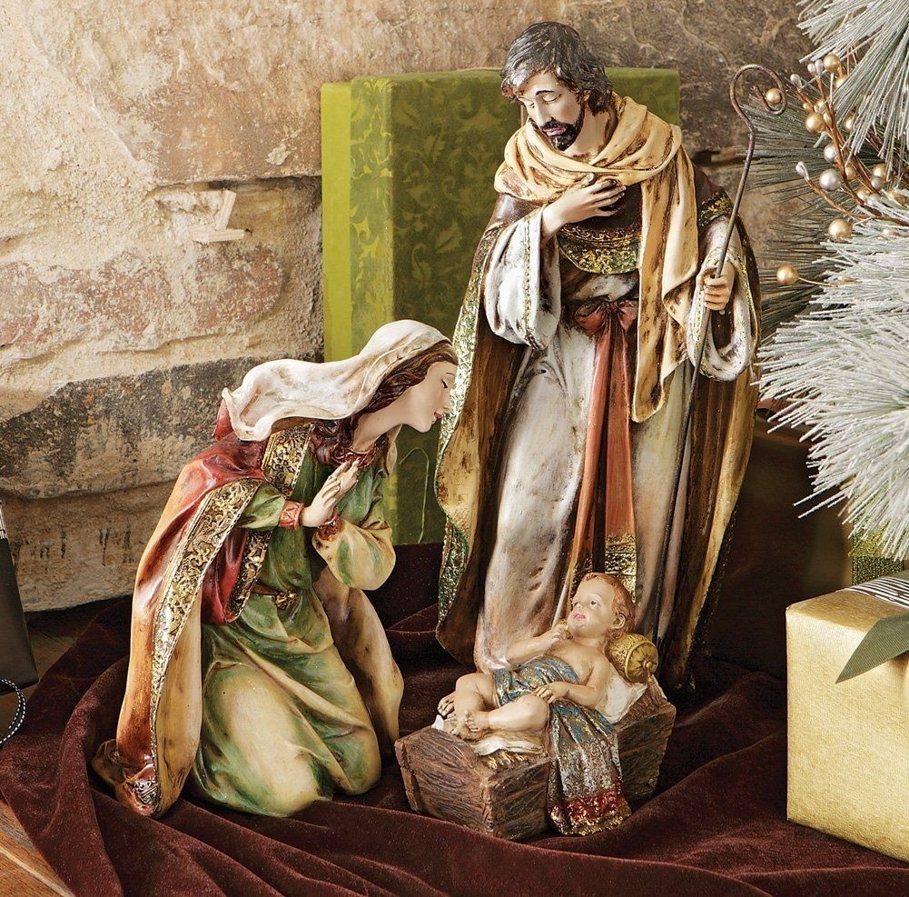 Large detailed holy family christmas nativity statues 3 pc set