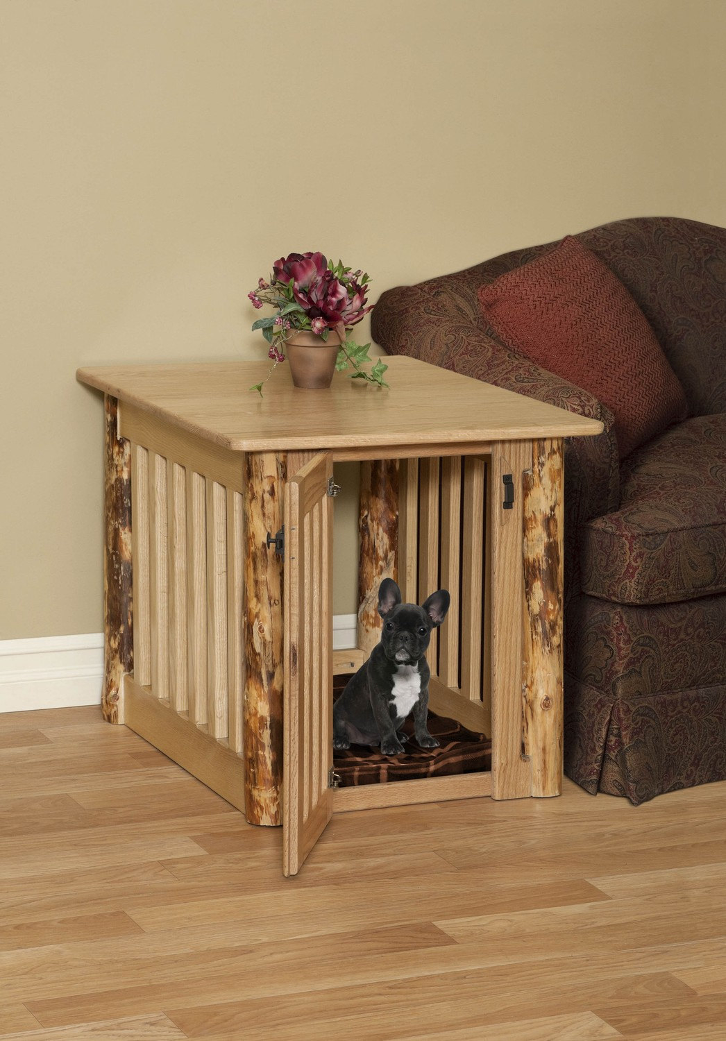 Home amish made log wood dog crate end table