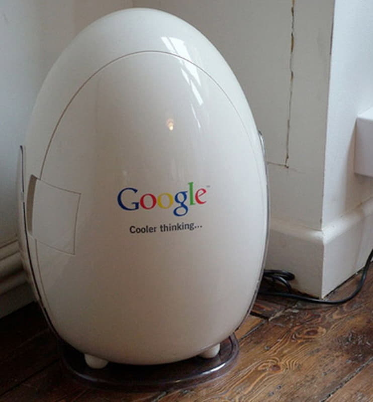 Refrigerator google branded egg shaped fridge promotes cooler thinking